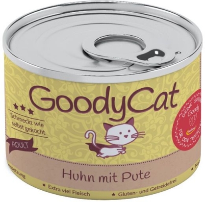 GoodyCat konzerva Kuřecí s krůtím masem, rajčaty a brokolicí 180g