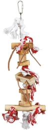 Závěsná dřevěná hračka špalíky s uzlíky a koženými šňůrkami