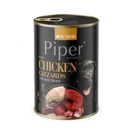 NEW PIPER JUNIOR s kuřecími žaludky a červenou řepou, konzerva pro štěňata, 400 g