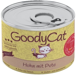 GoodyCat konzerva Kuřecí s krůtím masem, rajčaty a brokolicí 180g