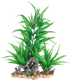 Akvarijní rostlina zelená, ve štěrkovém lůžku, plast/polyester, 28cm - DOPRODEJ